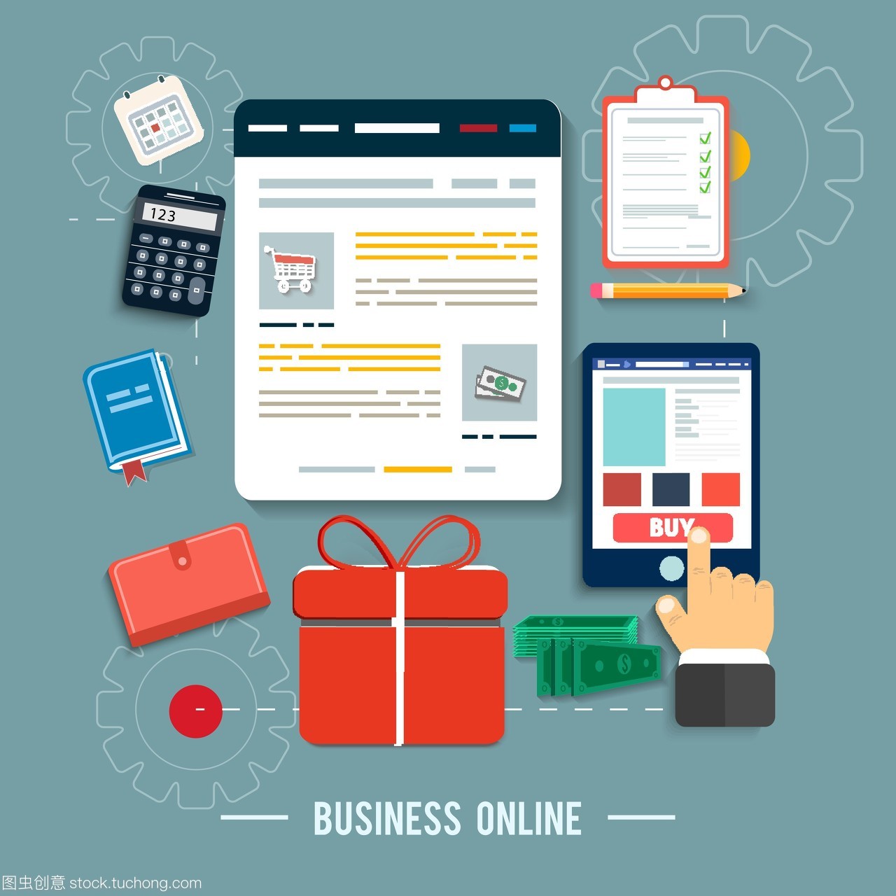 業(yè)務(wù)網(wǎng)絡(luò)圖標。在平面設(shè)計中通過網(wǎng)上商店和電子商務(wù)思想符號和購物元素購買產(chǎn)品圖標的海報概念